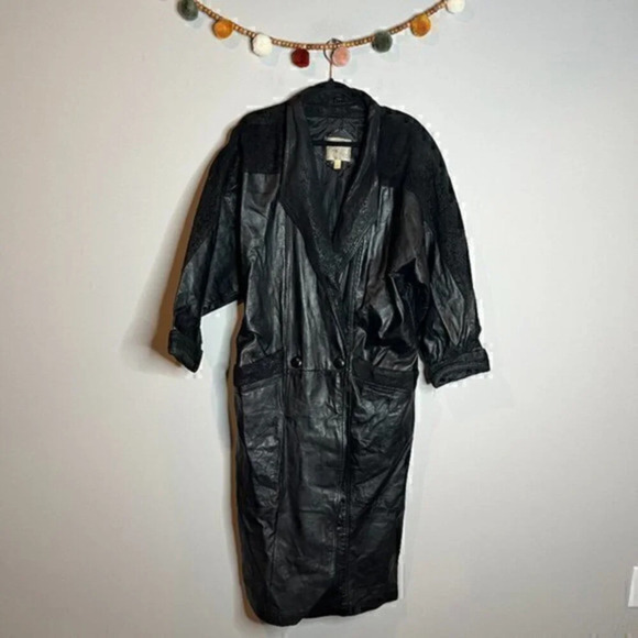 Vintage mixed media long leather trench jacket - Picture 1 of 6